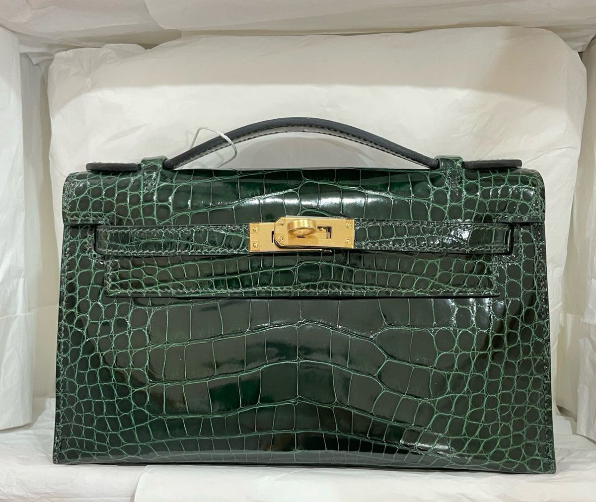 Hermes Kelly pochette Vert Fonce Shiny Alligator Gold hardware