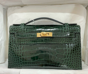 Hermes Kelly pochette Vert Fonce Shiny Alligator Gold hardware