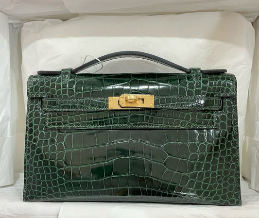 Hermes Kelly pochette Vert Fonce Shiny Alligator Gold hardware