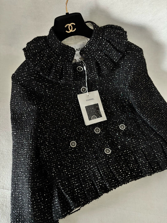 Chanel 25A Black Sequined Ruffled Jacket