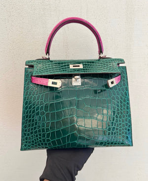 Hermes Kelly 25 HSS emerald x rose Scheherazade shiny alligator brushed Palladium hardware