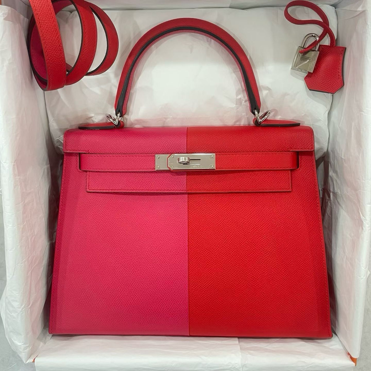 Hermes Kelly 28 Casque Rouge de Coeur/ Rose Extreme/ Bleu Frida Epsom Palladium hardware