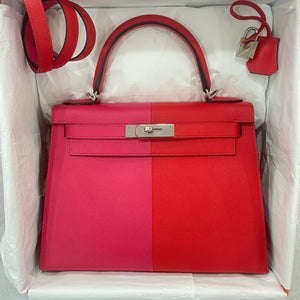 Hermes Kelly 28 Casque Rouge de Coeur/ Rose Extreme/ Bleu Frida Epsom Palladium hardware