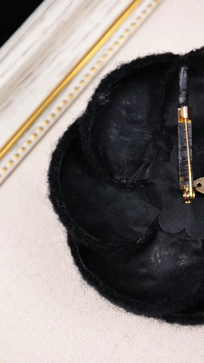 Chanel Black Wool Camellia Brooch