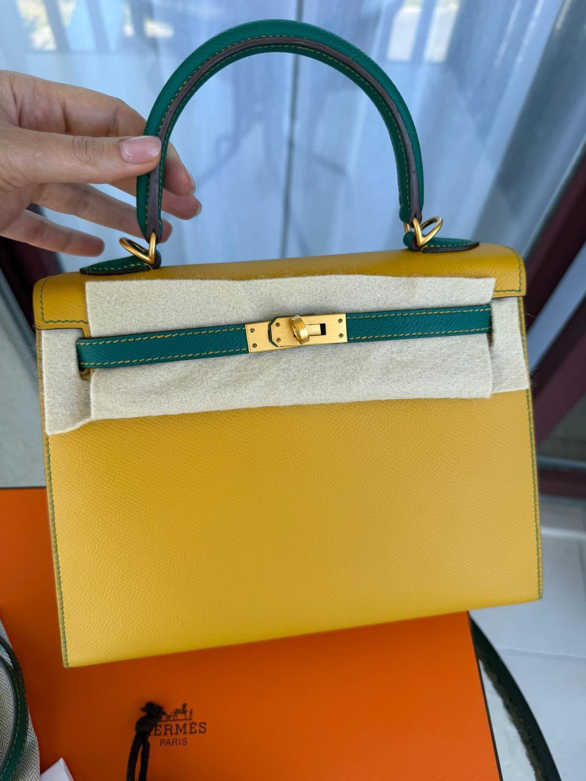 Hermes Kelly 25 HSS Jaune Ambre / Malachite Epsom brused gold hardware