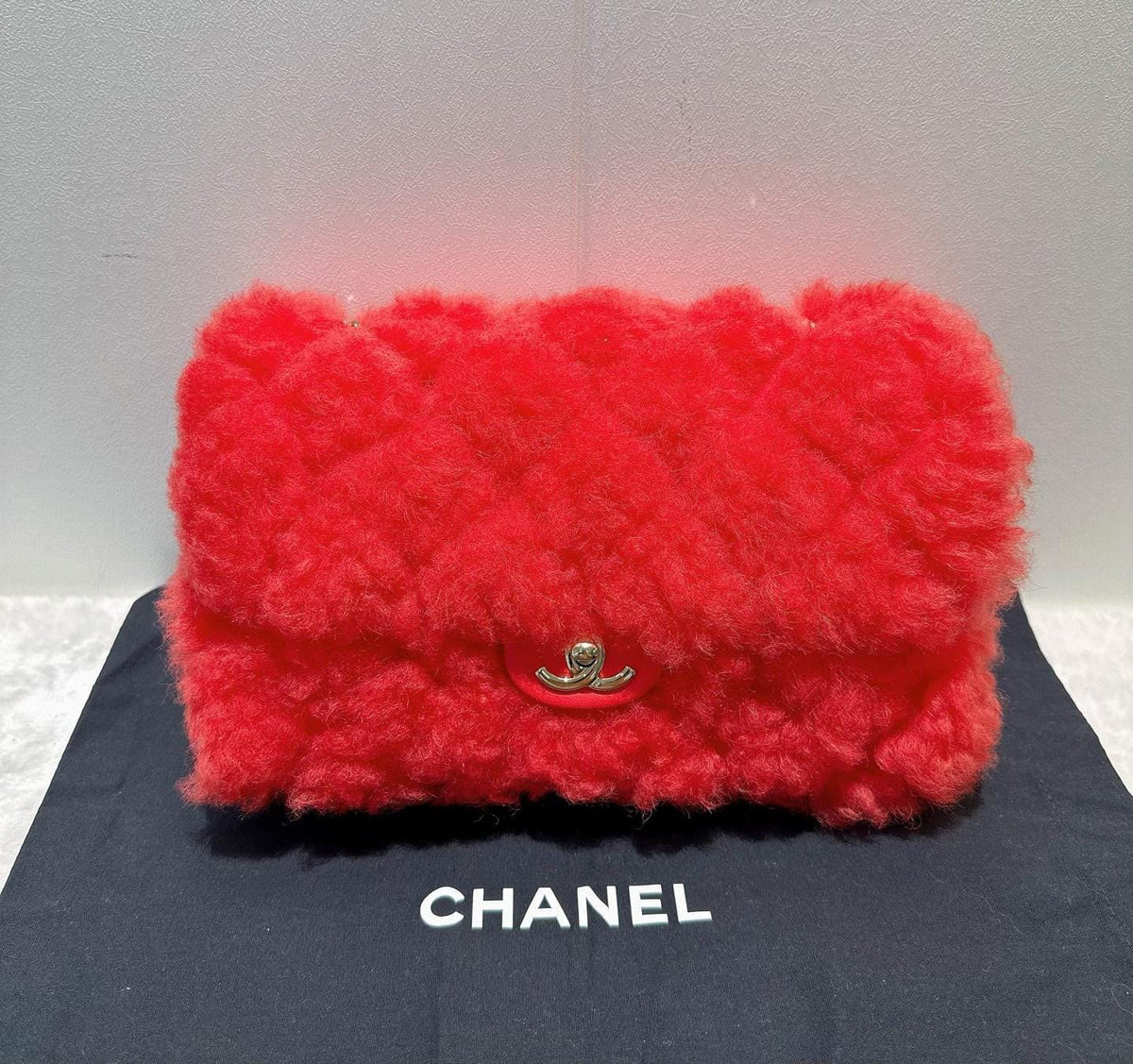 Chanel classic flap medium limited edition red faux fur palladium hardware
