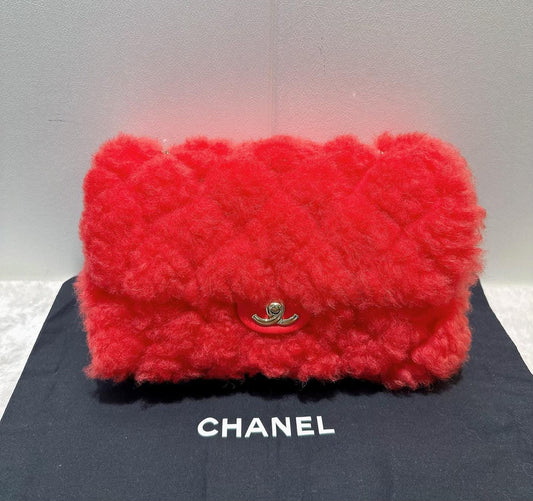 Chanel classic flap medium limited edition red faux fur palladium hardware