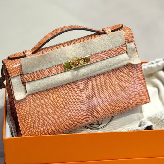 Hermes Kelly pochette rosy lizard gold hardware