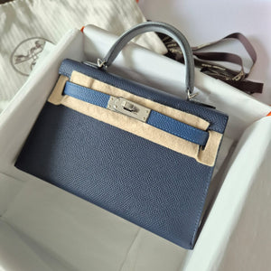 Hermes Mini Kelly 20 Tricolor Blue Abysse/Blue Tie/Gris Pantin Epsom