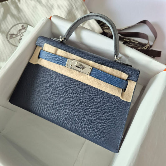 Hermes Mini Kelly 20 Tricolor Blue Abysse/Blue Tie/Gris Pantin Epsom