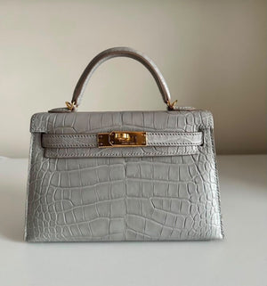 Hermes Mini Kelly 20 Verso Gris Perle / Lime Matte Alligator Gold hardware