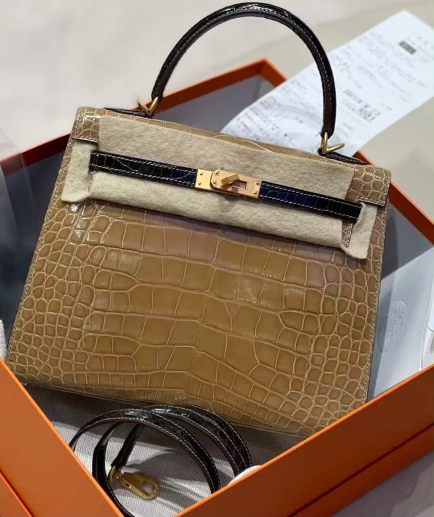 Hermes Kelly 25 HSS poussiere shiny alligator x graphite brushed gold hardware