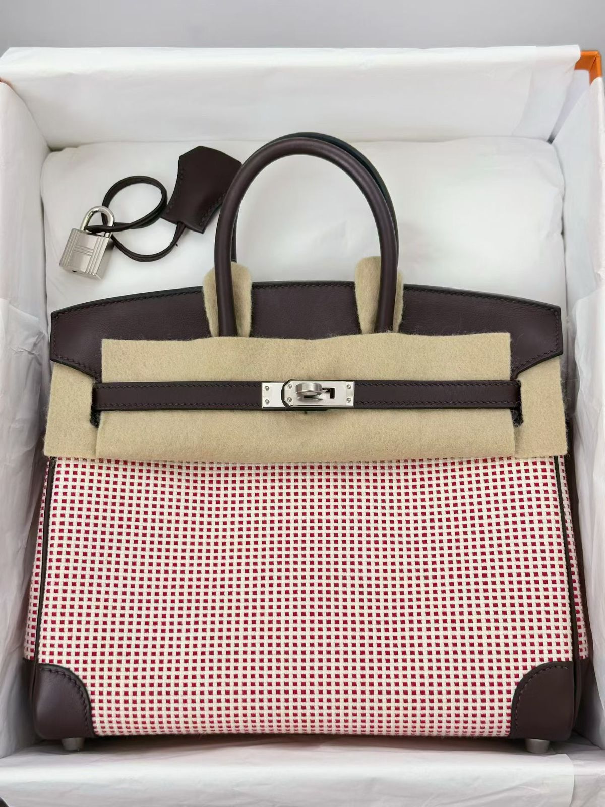 Hermes Birkin 25 Rouge Sellier Swift / Toile Quadrille Palladium hardware