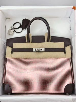 Hermes Birkin 25 Rouge Sellier Swift / Toile Quadrille Palladium hardware