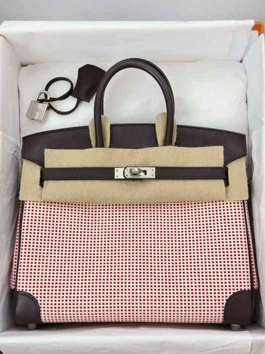 Hermes Birkin 25 Rouge Sellier Swift / Toile Quadrille Palladium hardware