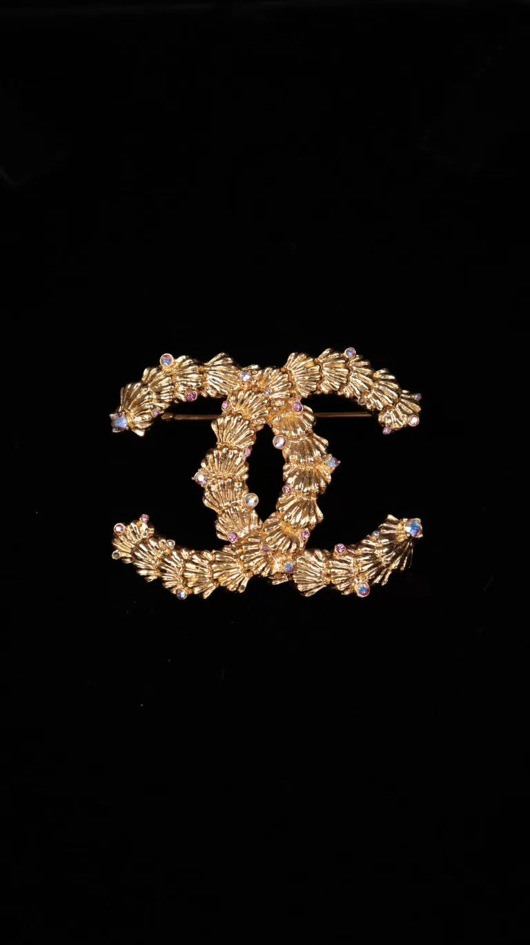 Chanel 23C Gold Shell Colored Rhinestone CC Brooch