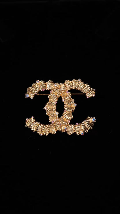 Chanel 23C Gold Shell Colored Rhinestone CC Brooch