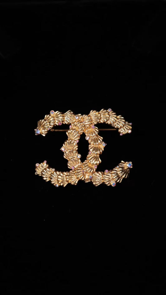 Chanel 23C Gold Shell Colored Rhinestone CC Brooch