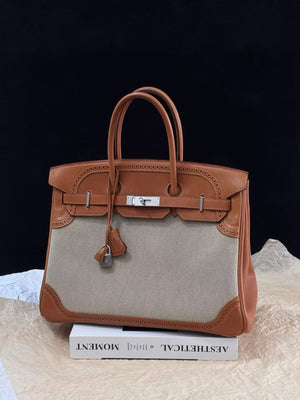 Hermes Birkin 35 Ghillies Fauve Barenia & Ecru Toile Palladium hardware