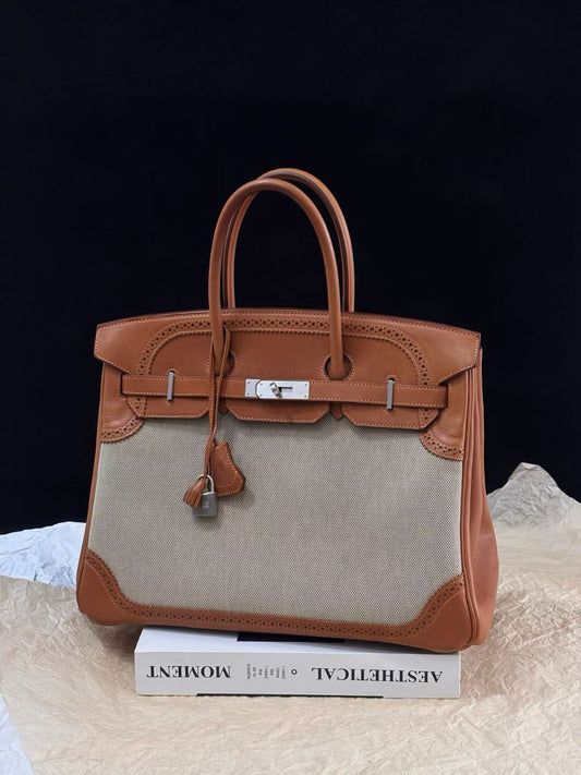 Hermes Birkin 35 Ghillies Fauve Barenia & Ecru Toile Palladium hardware