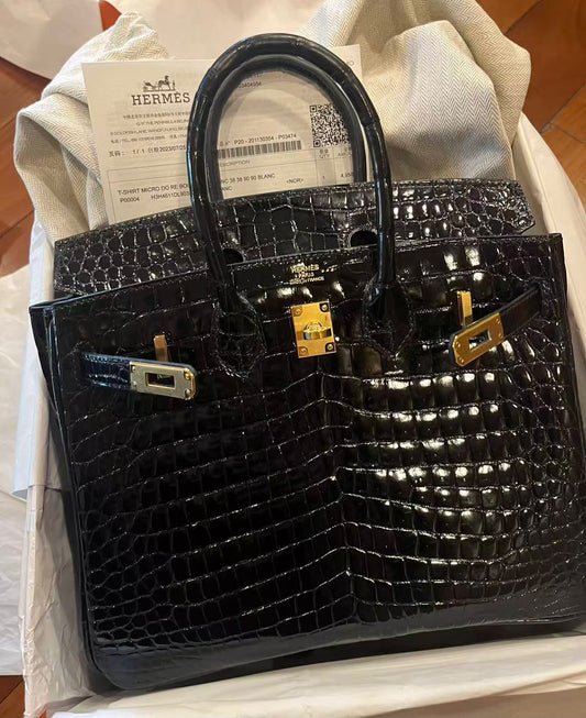 Hermes Birkin 25 black shiny moreletti gold hardware ultra rare
