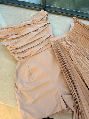 Dior nude strapless jumpsuit and  pleated skirt and silk midi skirt