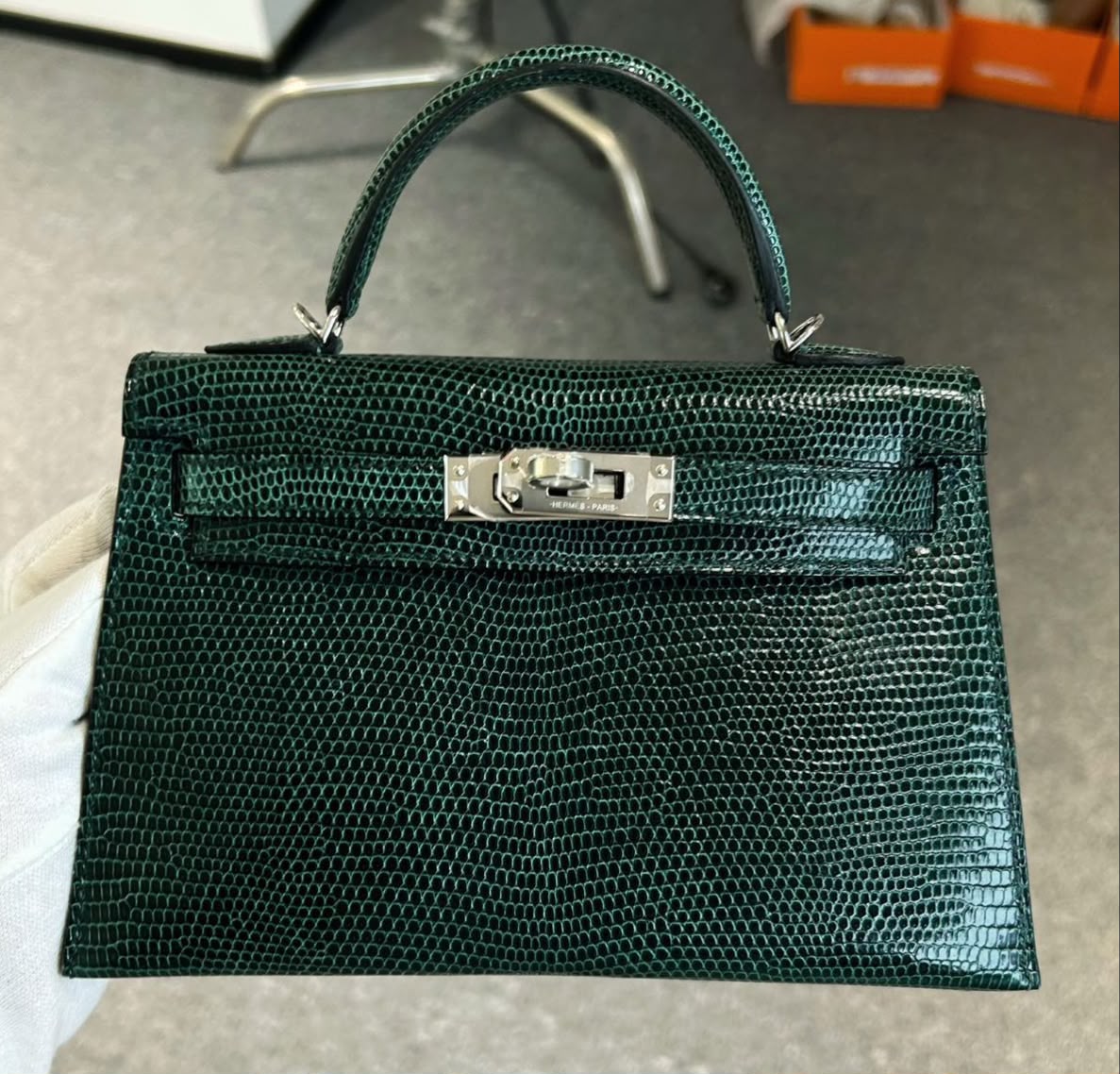 Hermes Mini Kelly 20 Vert Cypress Lizard Palladium hardware