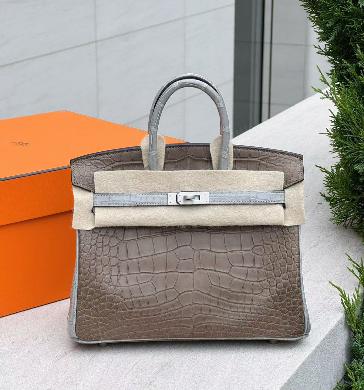 Hermes Birkin 25 HSS Gris Elephant / Gris Perle Matte Alligator Palladium hardware