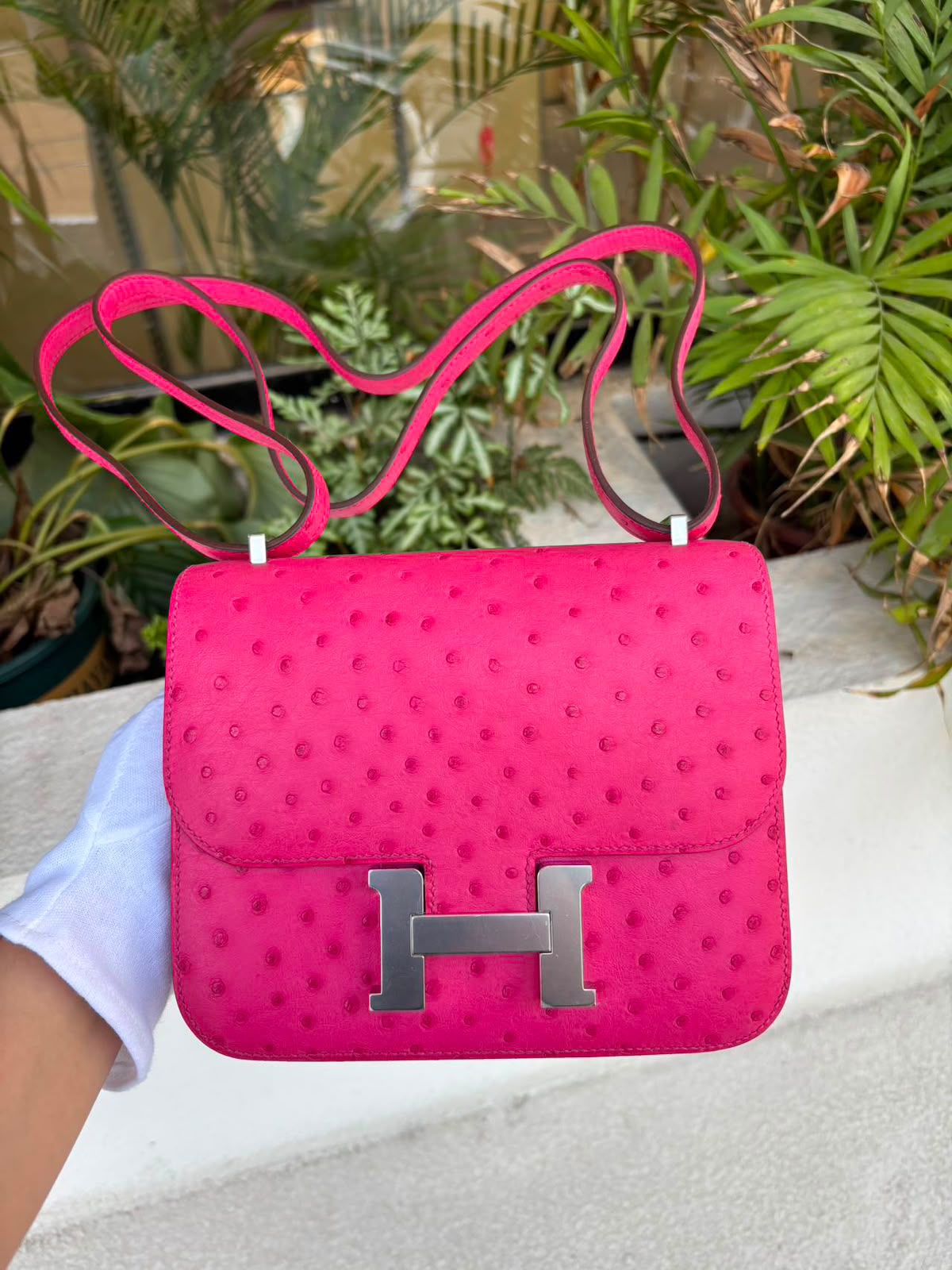 Hermes Constance 18 Rose Tyrien Ostrich Palladium hardware