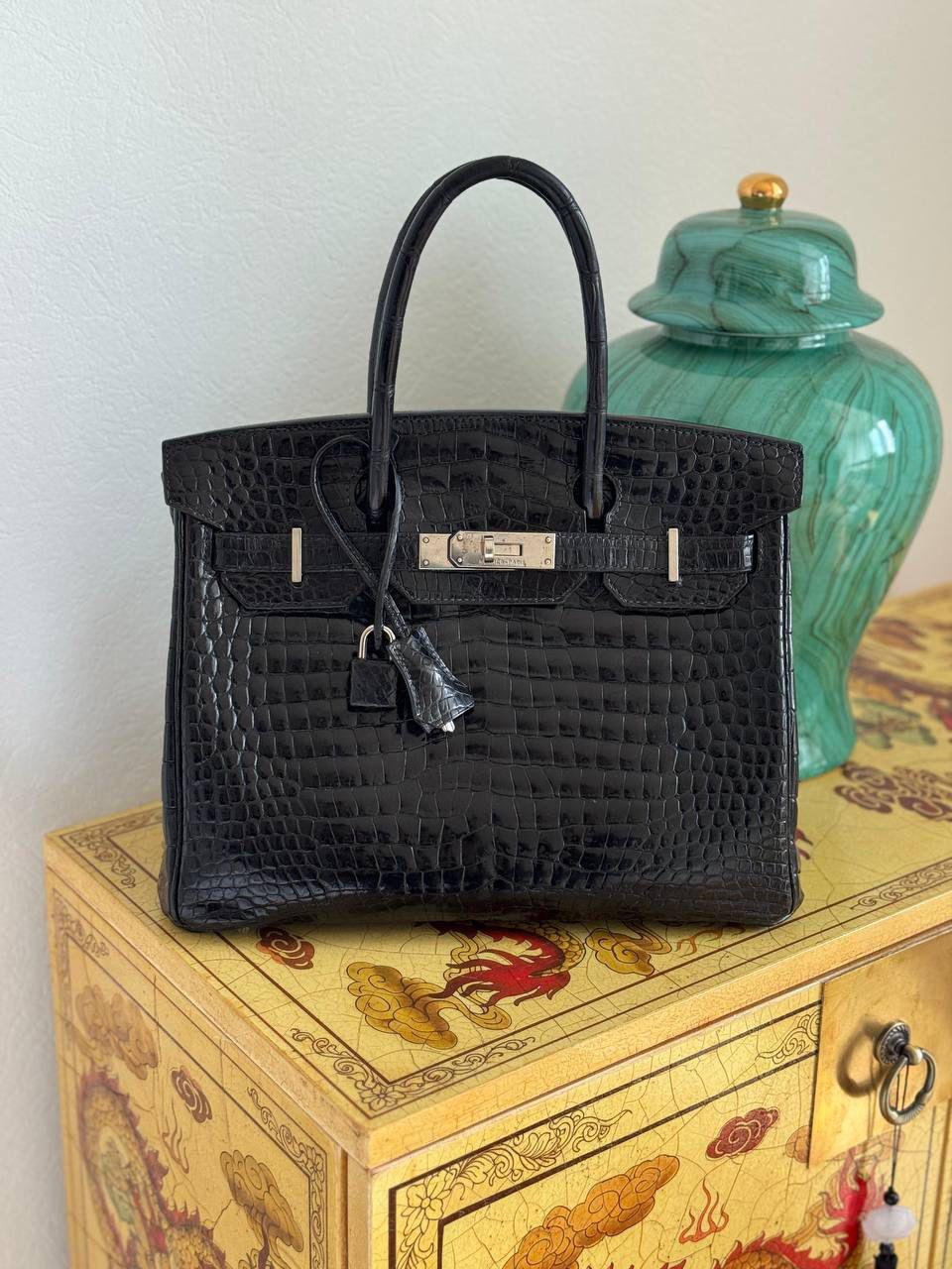 Hermes Birkin 30 Black Shiny Porosus Palladium hardware