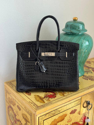 Hermes Birkin 30 Black Shiny Porosus Palladium hardware