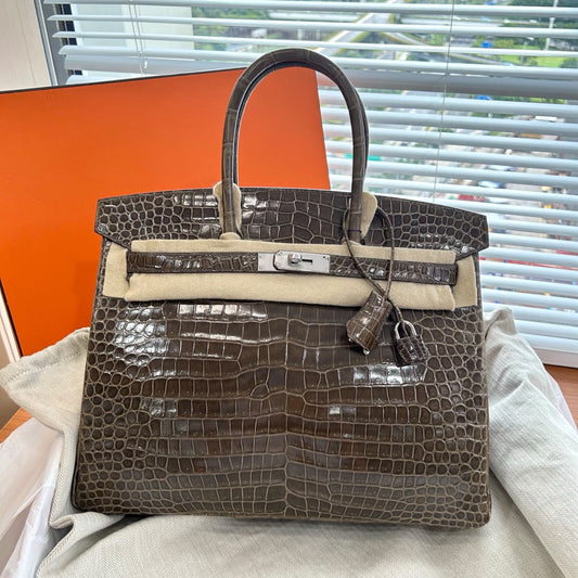 Hermes Birkin 35 Gris Elephant Niloticus shiny porosus palladium hardware