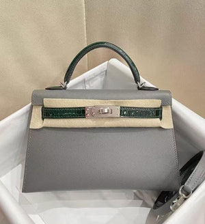 Hermes Mini Kelly 20 Touch Gris Meyer Madame & Vert Fonce Shiny Alligator Palladium hardware