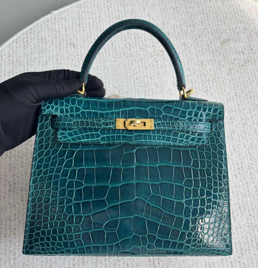 Hermes Kelly 25 Vert Bosphore Shiny Alligator Gold hardware