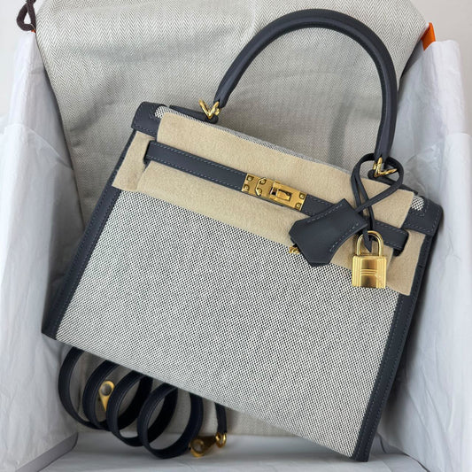 Hermes Kelly 25 Ardoise Swift & Ecru Toile Gold hardware