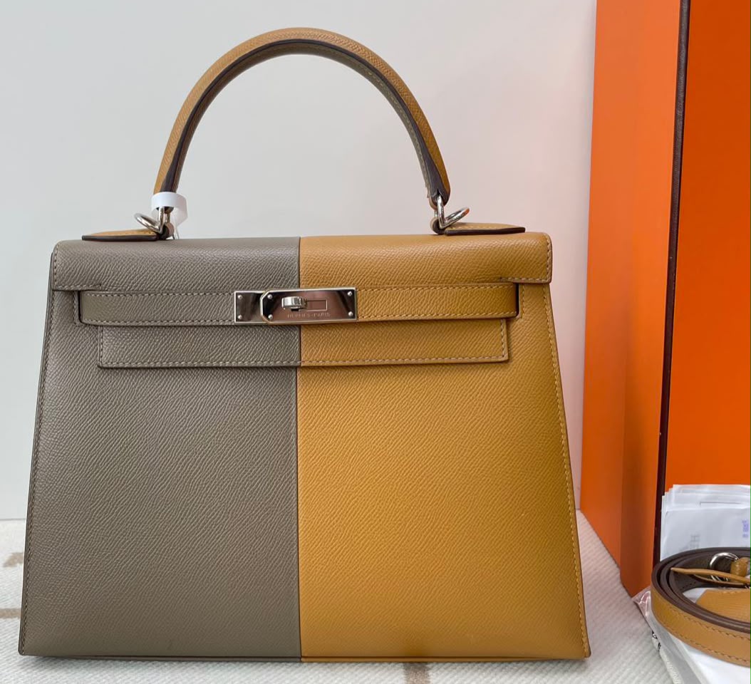 Hermes Kelly 28 Casaque Etoupe/Sesame/Blue Indigo Epsom Palladium hardware