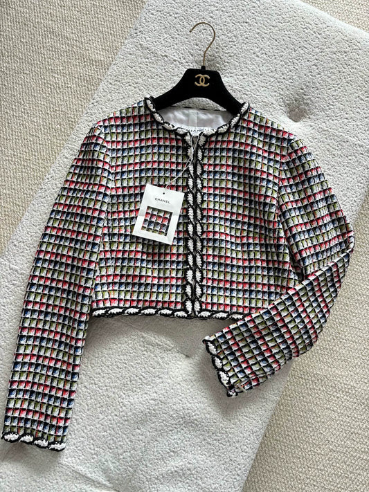 Chanel 25C Colorful Mosaic Check Woven Zip-Up Jacket