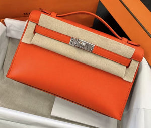Hermes Kelly pochette Tangerine Swift Palladium hardware