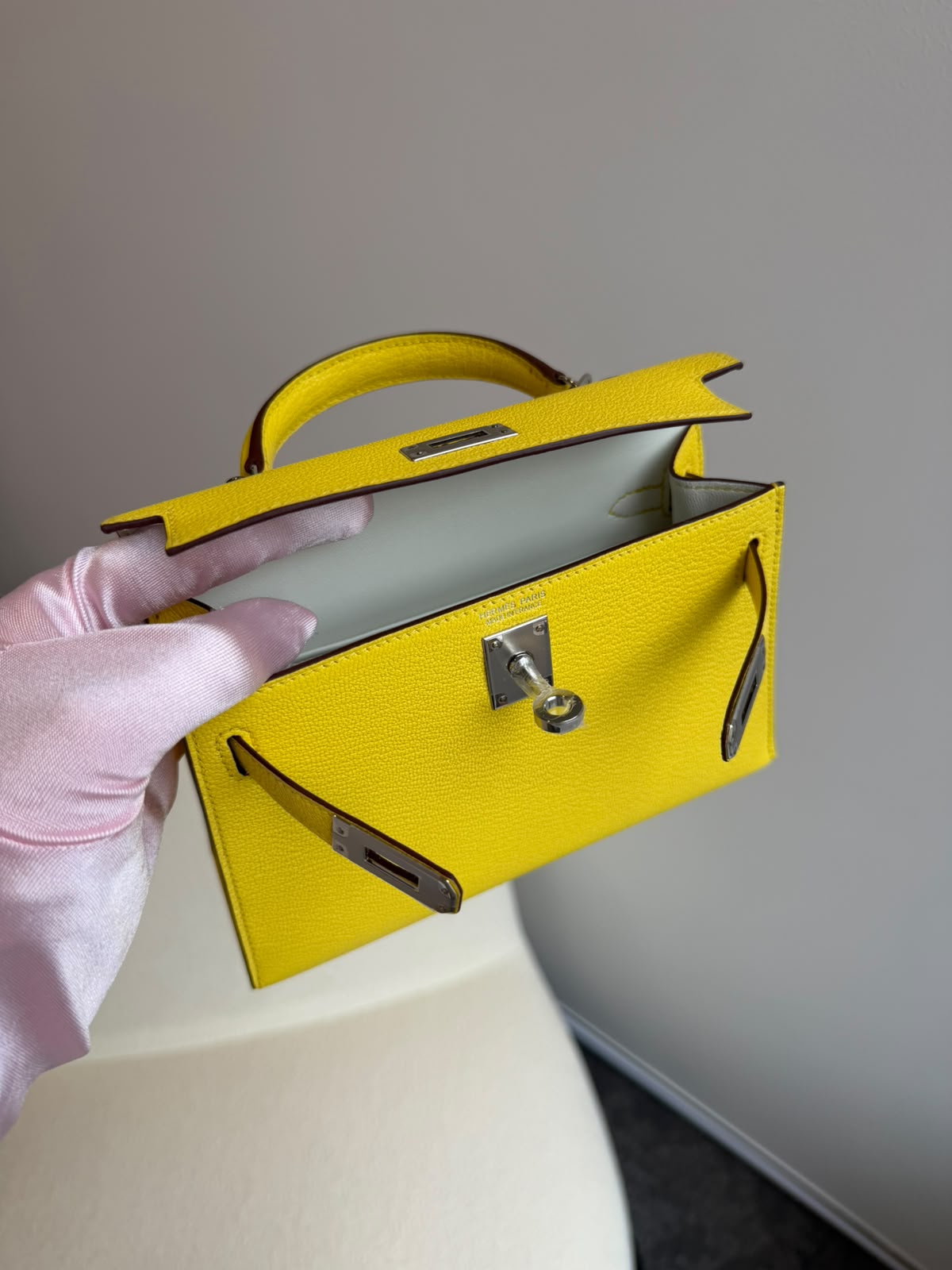Hermes Mini Kelly 20 Verso Jaune Citron Inside Mushroom Chevre Palladium hardware