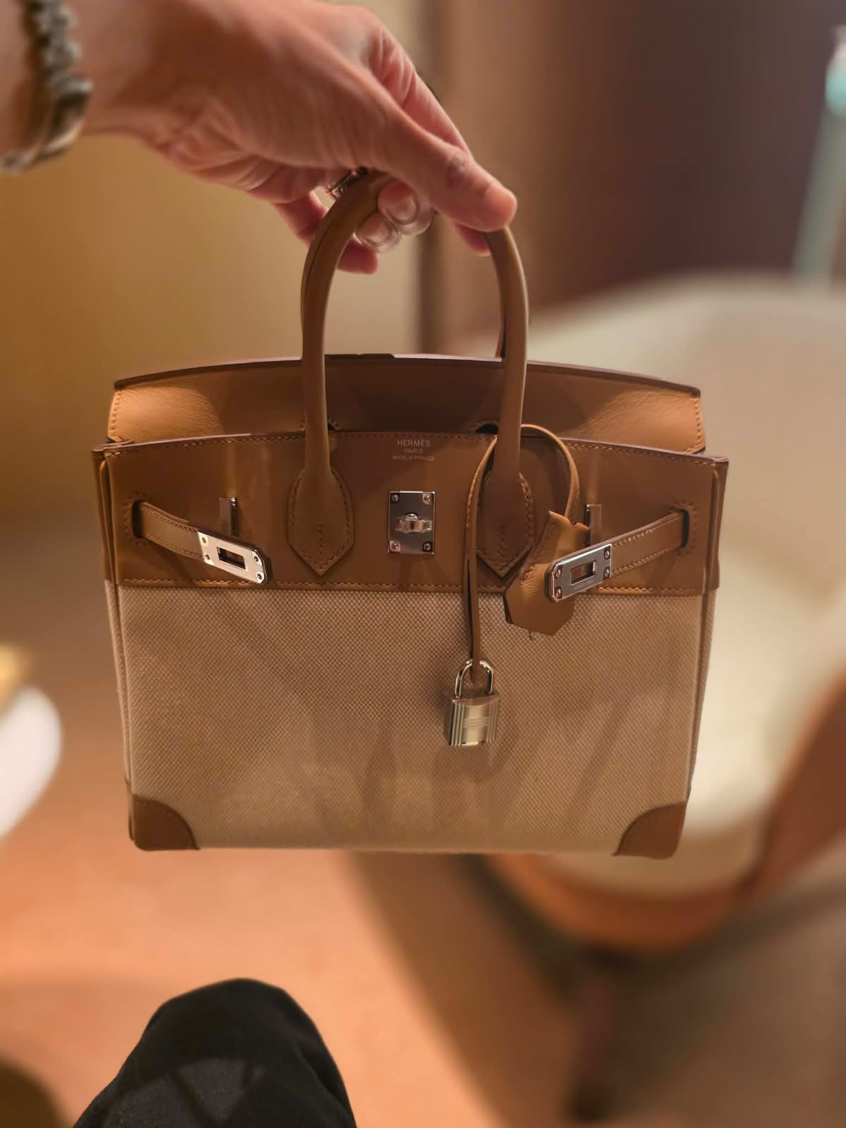 Hermes Birkin 25 Sesame Swift & Ecru Toile Palladium hardware