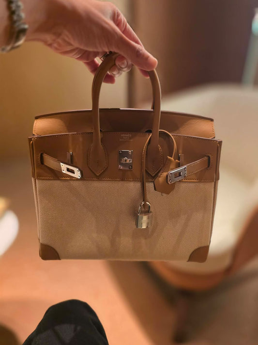 Hermes Birkin 25 Sesame Swift & Ecru Toile Palladium hardware