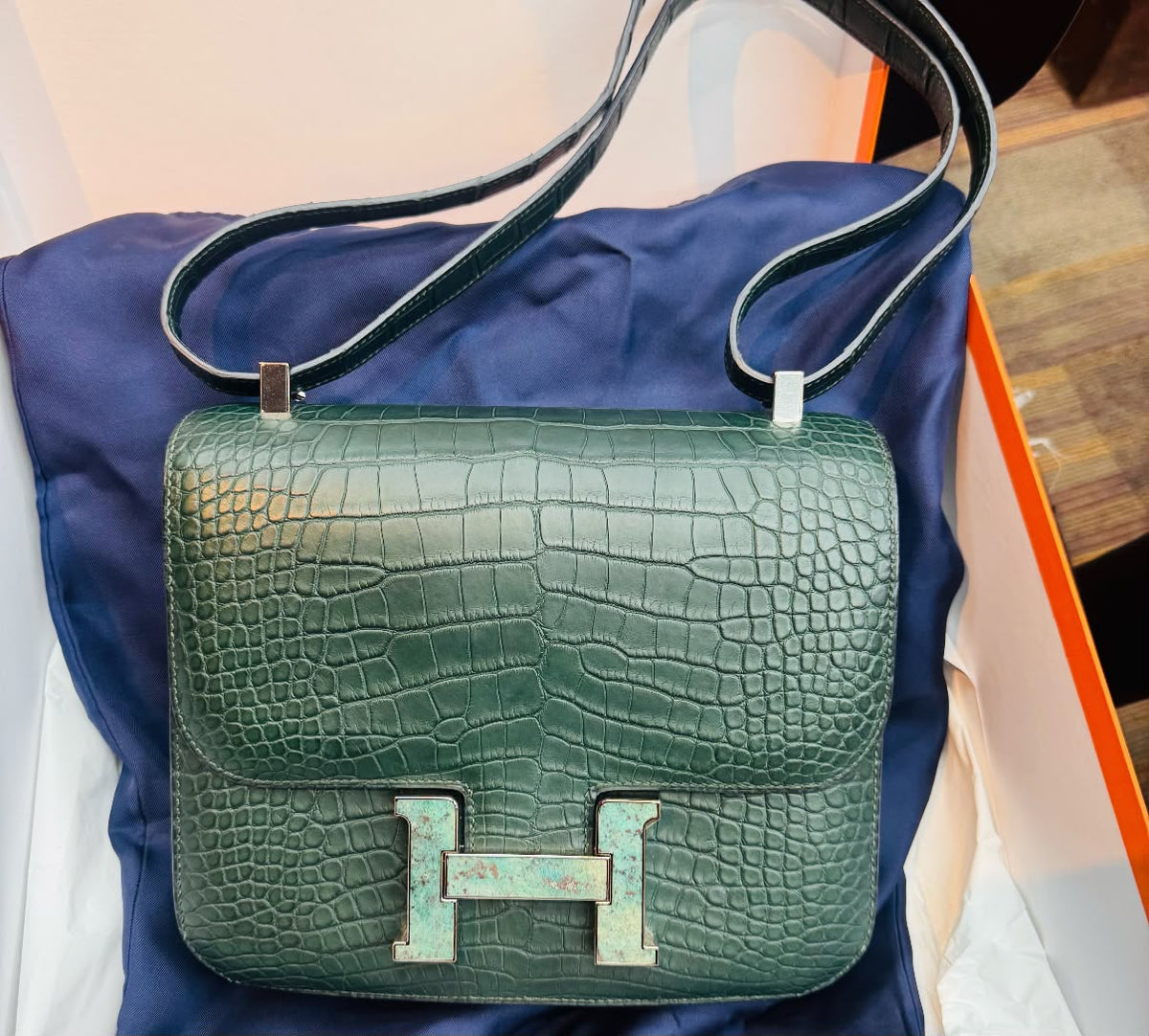 Hermes Constance 24 Vert Titien Matte Alligator & Turquoise Marble hw Palladium hardware