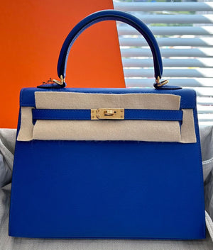 Hermes Kelly 25 Bleu Royale Epsom Gold hardware