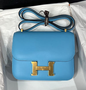 Hermes Constance 18 Bleu Celeste Swift Gold hardware