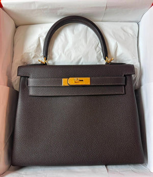 Hermes Kelly 28 Bai Brun Togo Gold hardware