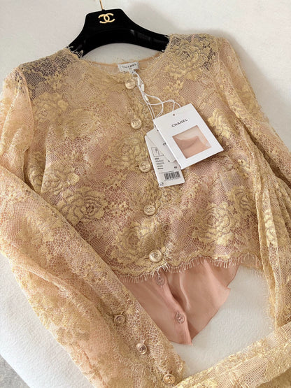 Chanel 20A Gold Camellia Perforated Jacket