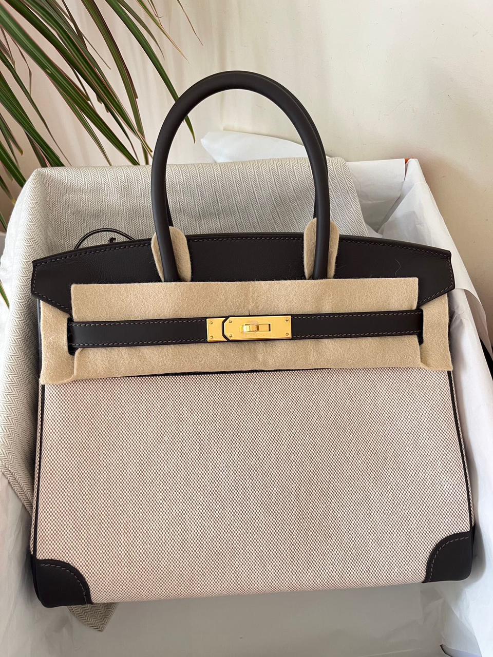 Hermes Birkin 30 Bay Brun Swift & Toile Ecru Gold hardware