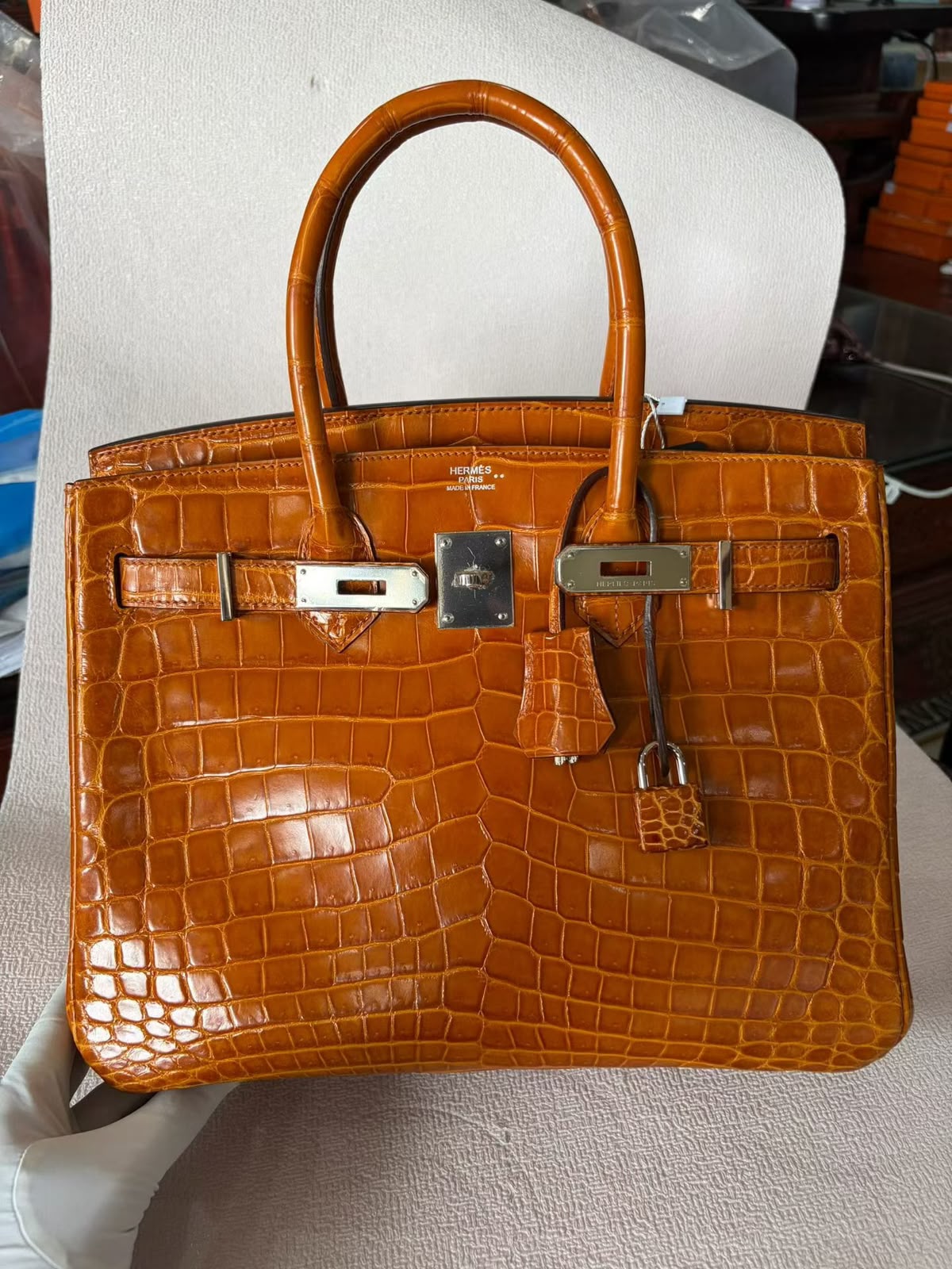Hermes Birkin 30 Orange H Shiny Niloticus Palladium hardware
