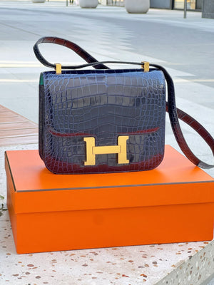 Hermes Constance 24 Bleu Saphir Shiny Alligator Gold hardware