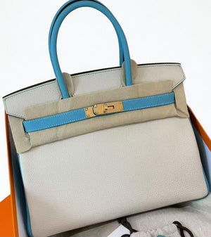 Hermes Birkin 25 Craie / Bleu Du Nord Togo Gold hardware
